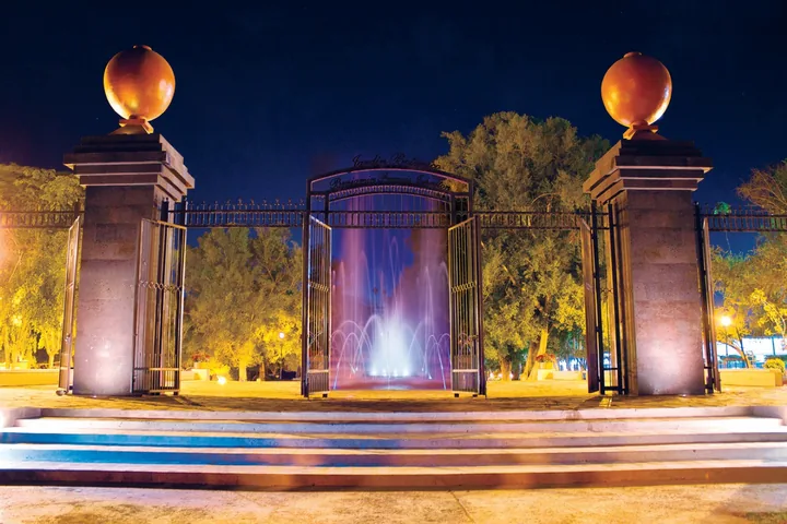 Portón nocturno del Jardín Botánico Benjamín Francis Johnston, con la fuente iluminada al fondo