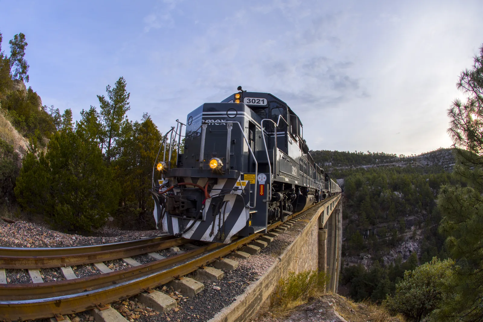 Tren recorriendo un puente en el norte de México